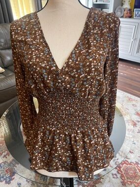 Papaya Brown Floral Long-Sleeve Smocked-Waist Dress